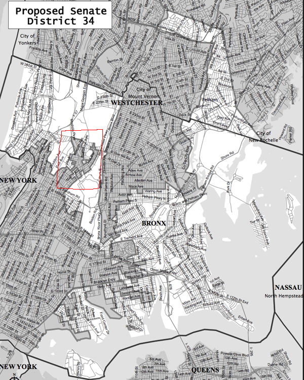 The Bedford Park and Norwood communities (in the red square) split between the 33rd and 34th Senate Districts
