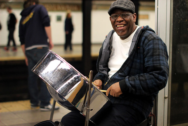 The Caribbean rhythms from this man’s steel pan are heard throughout the 34th Street station. He he jokes and laughs with travelers between songs.